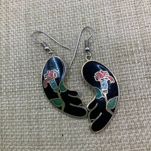 Cloisonne Vintage Wing Shaped Floral Black Gold Tone Dangle Earrings - Picture 1 of 6